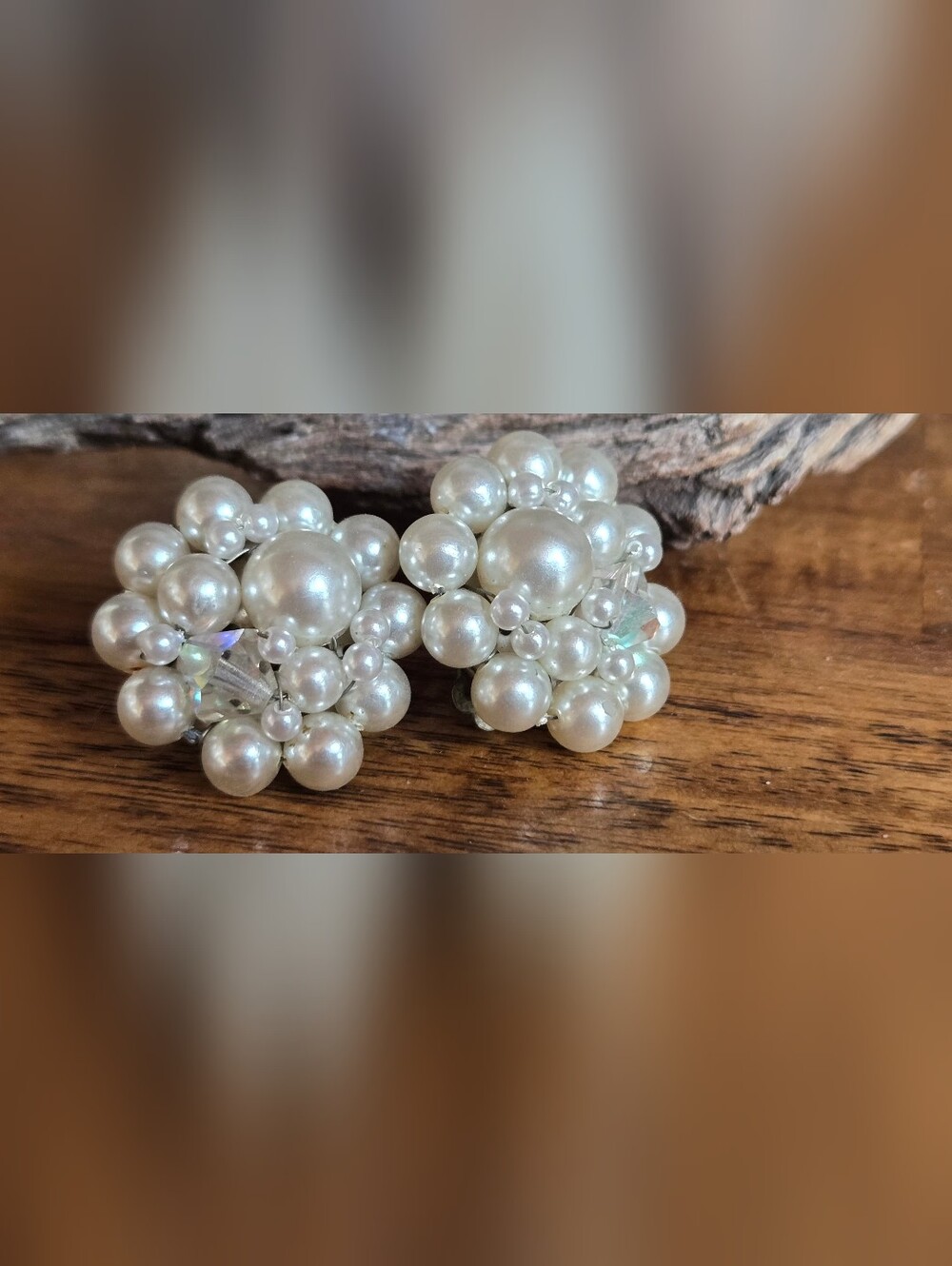 Vintage Made in Japan Faux Pearl Cluster Clip-On Earrings 1" Crystal Accent POER